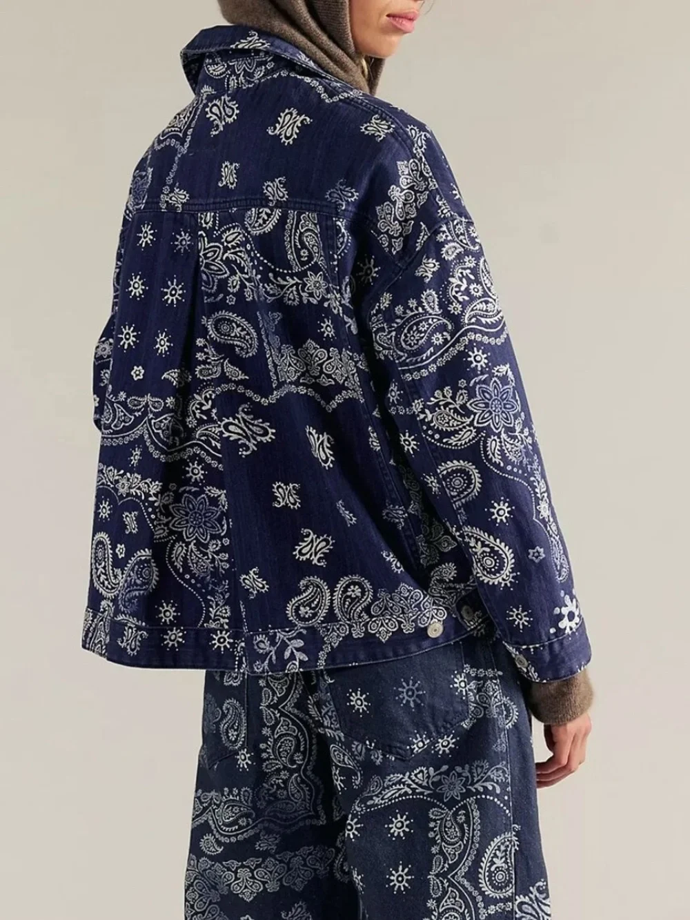 NWOT Free People We the Free Opal Swing Printed Denim Jacket- Navy Combo-Bandana - Picture 3 of 8